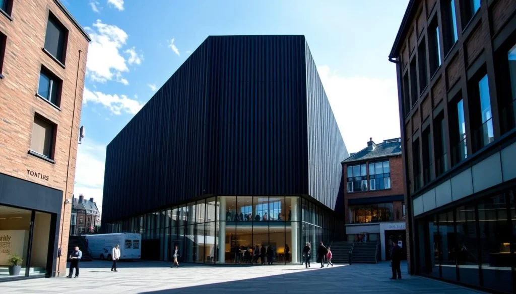 A striking contemporary arts center nestled in the heart of Dundee, Scotland. The exterior features a sleek, minimalist design with clean lines and large windows that flood the interior with natural light. The building stands as a striking architectural statement, seamlessly blending modernity with the historic charm of the surrounding city. Step inside to discover a vibrant hub of creativity, with expansive galleries showcasing cutting-edge exhibitions and installations. The central atrium acts as a serene gathering space, with people leisurely exploring the art or sipping coffee in the café. Capture the building's striking silhouette from an angle that highlights its bold, geometric form, set against a bright, cloudless sky.