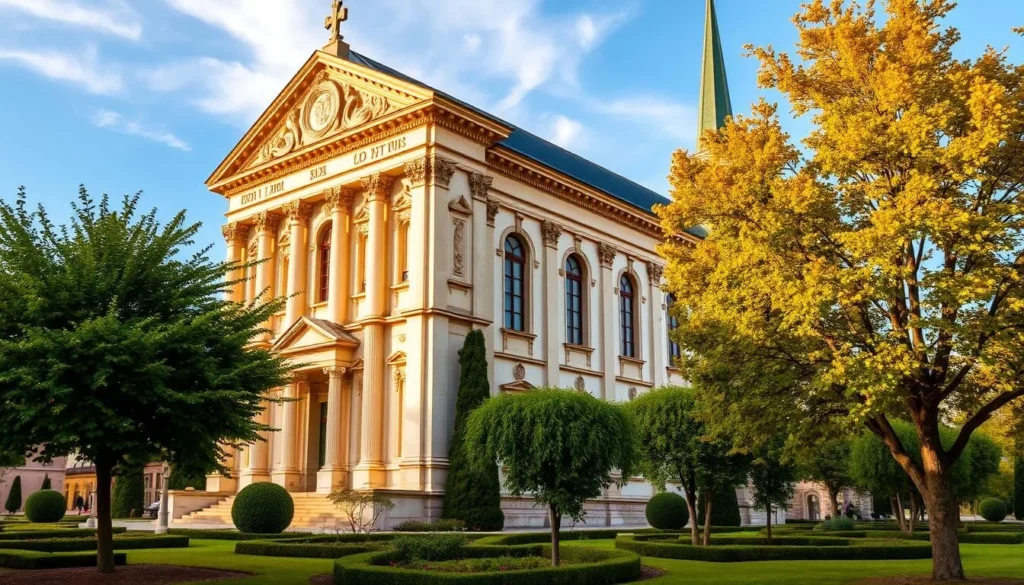 A stunning Baroque-style church nestled in the charming Versailles neighborhood. The majestic façade with its ornate columns and intricate carvings stands tall, bathed in warm, golden sunlight. The lush, verdant trees and well-manicured gardens in the foreground create a peaceful, picturesque setting. The church's steeple rises gracefully, its spire reflecting the tranquil blue sky above. The overall scene exudes an atmosphere of historic elegance and serenity, inviting the viewer to explore the beauty and allure of this iconic Versailles landmark.