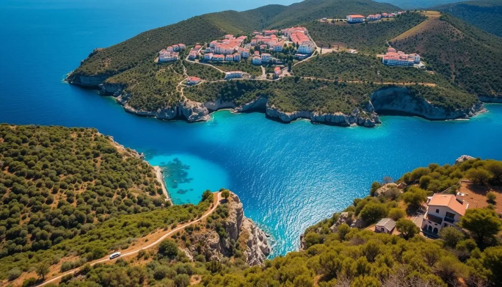 A stunning aerial view of Kefalonia Island, the gem of the Ionian Sea. The azure waters of the Ionian Sea glisten in the warm Mediterranean sun, framing the lush, verdant landscape. Rolling hills dotted with olive groves and vineyards lead to rugged, limestone cliffs that plunge into the crystalline waters below. In the distance, the picturesque villages with their whitewashed buildings and red-tiled roofs nestle between the mountains and the sea, inviting exploration. The scene exudes a sense of tranquility and timeless beauty, capturing the essence of this idyllic Greek island. A stunning aerial view of Kefalonia Island, the gem of the Ionian Sea. The azure waters of the Ionian Sea glisten in the warm Mediterranean sun, framing the lush, verdant landscape. Rolling hills dotted with olive groves and vineyards lead to rugged, limestone cliffs that plunge into the crystalline waters below. In the distance, the picturesque villages with their whitewashed buildings and red-tiled roofs nestle between the mountains and the sea, inviting exploration. The scene exudes a sense of tranquility and timeless beauty, capturing the essence of this idyllic Greek island.