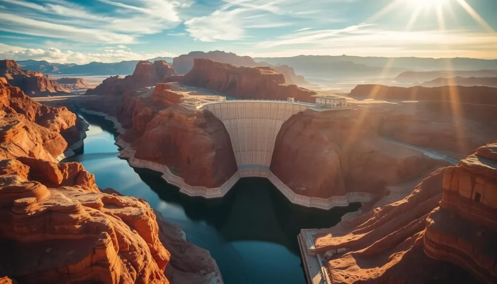 A stunning aerial view of the iconic Glen Canyon Dam, nestled amidst the rugged desert landscape of northern Arizona. The towering concrete structure stands tall, its imposing silhouette reflected in the crystal-clear waters of Lake Powell below. Warm sunlight filters through wispy clouds, casting a soft, golden glow over the scene. In the distance, the surrounding sandstone cliffs and canyons create a breathtaking backdrop, highlighting the natural beauty that surrounds this engineering marvel. The image conveys a sense of tranquility and awe, inviting the viewer to explore the captivating wonder of this remarkable location.