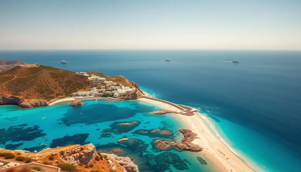A stunning aerial vista of Ibiza's idyllic coastline, showcasing its crystal-clear turquoise waters and pristine sandy beaches. In the foreground, capture the picturesque coves and rocky cliffs that define the island's iconic Mediterranean landscape. In the middle ground, depict the charming whitewashed buildings and lush, verdant hillsides that dot the coastline, bathed in warm, golden sunlight. In the distance, the horizon is dotted with the silhouettes of yachts and sailboats, creating a serene and tranquil atmosphere. Utilize a wide-angle lens to capture the sweeping panoramic view, and employ a soft, diffused lighting to accentuate the natural beauty of this idyllic island paradise.