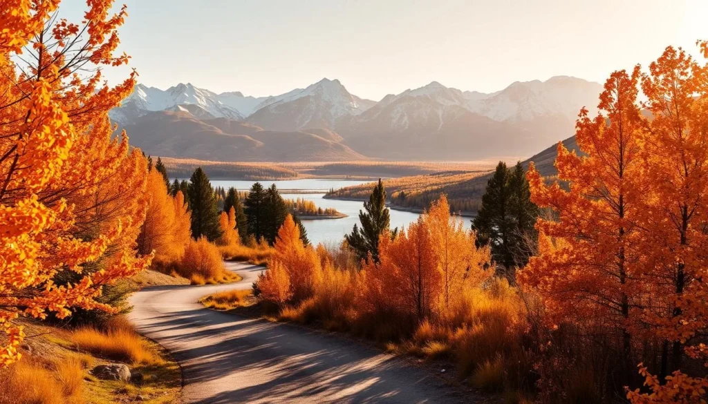 A stunning autumn landscape in Mammoth Lakes, California. In the foreground, a winding path is flanked by vibrant orange and yellow trees, their leaves rustling in the gentle breeze. The middle ground reveals a glistening lake, its surface reflecting the colorful foliage on the surrounding hills. In the background, majestic snow-capped mountains rise up, creating a dramatic and picturesque scene. The lighting is soft and warm, casting a golden glow over the entire landscape. This serene and tranquil setting perfectly captures the beauty of Mammoth Lakes during the fall season. A stunning autumn landscape in Mammoth Lakes, California. In the foreground, a winding path is flanked by vibrant orange and yellow trees, their leaves rustling in the gentle breeze. The middle ground reveals a glistening lake, its surface reflecting the colorful foliage on the surrounding hills. In the background, majestic snow-capped mountains rise up, creating a dramatic and picturesque scene. The lighting is soft and warm, casting a golden glow over the entire landscape. This serene and tranquil setting perfectly captures the beauty of Mammoth Lakes during the fall season.
