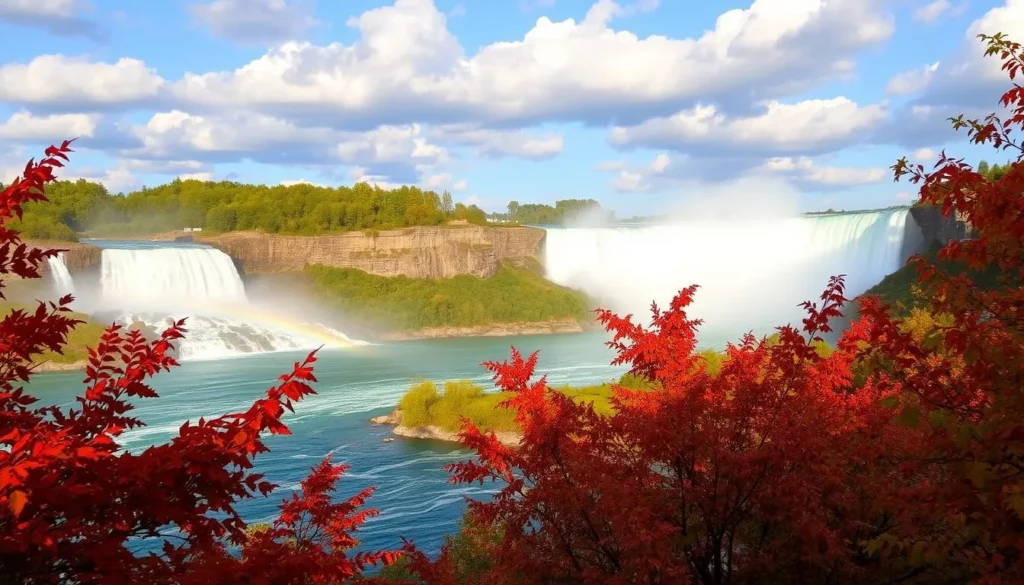 A stunning autumn scene of Niagara Falls State Park, showcasing the majestic waterfalls in all their seasonal glory. In the foreground, vibrant red and golden leaves frame the thundering cascades, their powerful flow captured in a soft, misty haze. The middle ground features lush, verdant foliage on the Canadian side, contrasting with the rugged rock formations on the American side. In the background, a clear blue sky with fluffy white clouds creates a sense of tranquility, complementing the dynamic energy of the falls. The lighting is warm and natural, casting a golden glow over the entire landscape. The perspective is slightly elevated, allowing for a panoramic view that captures the grandeur and scope of this iconic American landmark.