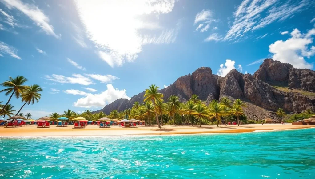A stunning beachscape at Grande Anse, Martinique, captured under a vibrant Caribbean sky. In the foreground, crystalline turquoise waters lap against the golden sands, dotted with colorful umbrellas and sun loungers. The middle ground features lush palm trees swaying gently in the warm breeze, their fronds casting intricate shadows. In the background, rugged cliffs rise up, their rocky contours softened by the afternoon light. Use a wide-angle lens to capture the grand scale of this picturesque scene, with a shallow depth of field to emphasize the dreamy, relaxed atmosphere. Convey the sense of tranquility and natural beauty that makes Grande Anse a premier photography hotspot. A stunning beachscape at Grande Anse, Martinique, captured under a vibrant Caribbean sky. In the foreground, crystalline turquoise waters lap against the golden sands, dotted with colorful umbrellas and sun loungers. The middle ground features lush palm trees swaying gently in the warm breeze, their fronds casting intricate shadows. In the background, rugged cliffs rise up, their rocky contours softened by the afternoon light. Use a wide-angle lens to capture the grand scale of this picturesque scene, with a shallow depth of field to emphasize the dreamy, relaxed atmosphere. Convey the sense of tranquility and natural beauty that makes Grande Anse a premier photography hotspot.