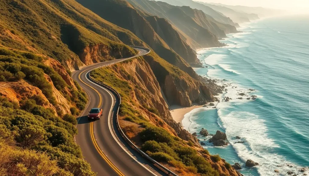 A stunning coastal highway winds along the rugged Pacific shoreline, bathed in golden sunshine. Towering cliffs plunge into turquoise waters, as salty ocean breezes caress lush, verdant foliage. Classic American muscle cars hug the serpentine curves, offering glimpses of pristine beaches and surfers catching the perfect wave. The scene exudes an air of effortless California cool, inviting travelers to soak in the breathtaking vistas through a wide-angle lens. Capture the magic of Malibu's iconic Pacific Coast Highway in all its natural splendor. A stunning coastal highway winds along the rugged Pacific shoreline, bathed in golden sunshine. Towering cliffs plunge into turquoise waters, as salty ocean breezes caress lush, verdant foliage. Classic American muscle cars hug the serpentine curves, offering glimpses of pristine beaches and surfers catching the perfect wave. The scene exudes an air of effortless California cool, inviting travelers to soak in the breathtaking vistas through a wide-angle lens. Capture the magic of Malibu's iconic Pacific Coast Highway in all its natural splendor.
