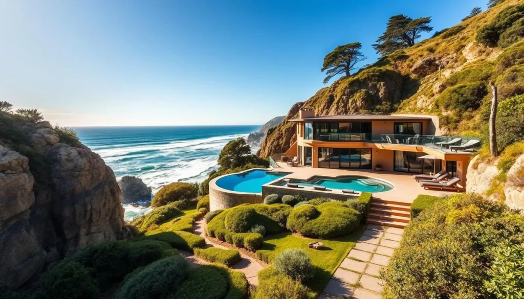 A stunning coastal villa nestled in the rugged cliffs of Big Sur, California. The sun-dappled exterior features warm, earthy tones and natural materials that blend seamlessly with the surrounding landscape. Large windows offer panoramic views of the crashing waves and dramatic Pacific coastline. A spacious, open-concept interior with high ceilings and plush furnishings creates an atmosphere of refined luxury. A infinity pool and outdoor terrace provide the perfect spots to relax and take in the breathtaking scenery. Lush, manicured gardens and pathways wind through the property, leading to a private beach access. An idyllic, serene retreat that embodies the rugged natural beauty of Big Sur.