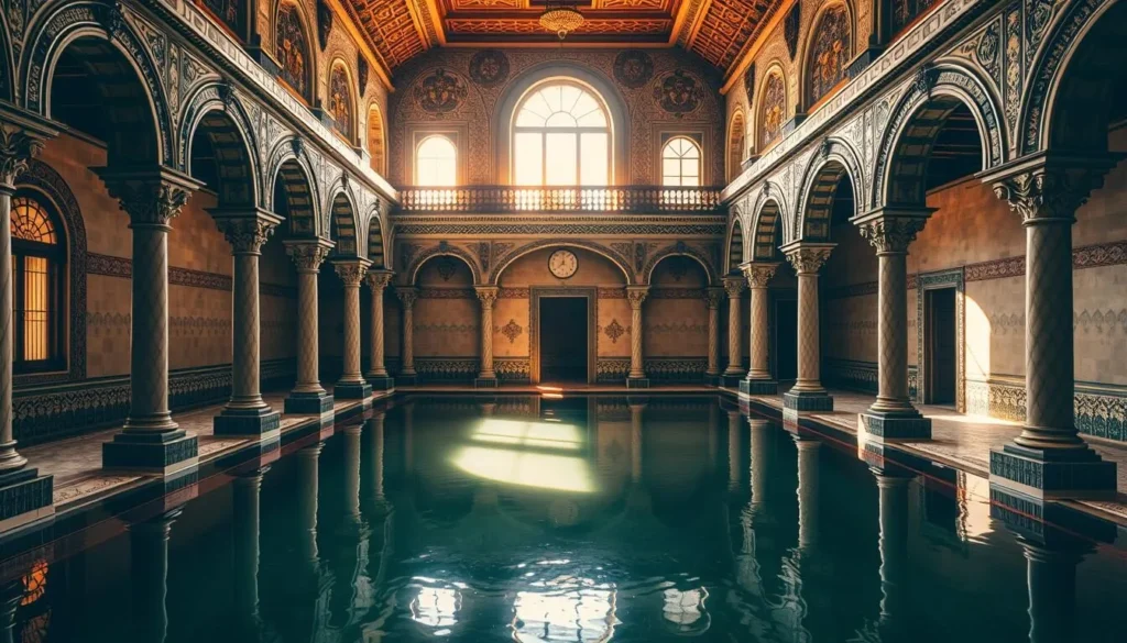 A stunning interior view of the historic El Bañuelo ancient Arab baths in Granada, Spain. Sunlight filters through the arched windows, casting a warm glow on the intricate tilework and ornate architectural details. The serene pool reflects the ornamental columns and archways, creating a mesmerizing, almost otherworldly atmosphere. Capture the timeless elegance and tranquility of this well-preserved Moorish bathhouse, showcasing its exquisite design and historical significance as a tranquil oasis in the heart of the city. Depict a nice day with natural lighting and no distractions, allowing the architectural beauty to take center stage.