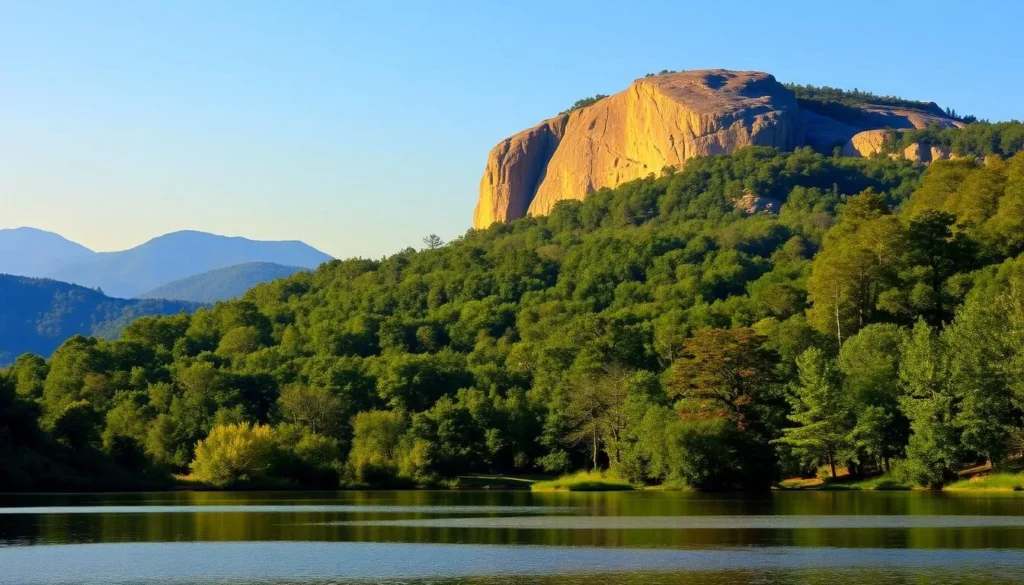 A stunning landscape captures the beauty of Hanging Rock State Park in North Carolina. The foreground showcases a serene lake, its surface reflecting the lush, verdant foliage that surrounds it. In the middle ground, the iconic Hanging Rock formation rises majestically, its weathered granite cliffs bathed in warm, golden sunlight. The background features a hazy, blue-tinged mountain range, adding depth and dimension to the scene. The overall atmosphere is one of tranquility and wonder, inviting the viewer to explore the park's many outdoor activities and natural wonders.