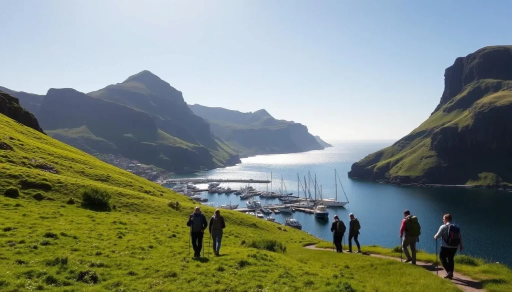 A stunning landscape in the Faroe Islands, showcasing the region's commitment to sustainable tourism. A lush, green hillside leads down to a picturesque harbor, where traditional fishing boats are docked. In the background, majestic cliffs rise up, their rugged peaks silhouetted against a clear, blue sky. Sunlight dapples the water, creating a shimmering, reflective surface. In the foreground, a group of hikers traverse a well-maintained trail, taking in the breathtaking views. The scene exudes a sense of tranquility and harmony, highlighting the Faroe Islands' dedication to preserving its natural beauty and promoting eco-friendly practices.
