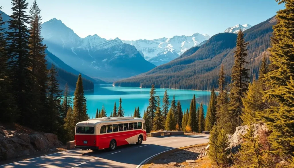 A stunning landscape of Banff National Park's transportation infrastructure, captured on a clear day. In the foreground, a winding mountain road flanked by towering evergreen-clad peaks. In the middle ground, a vintage red and white tour bus navigates the scenic route, its passengers gazing out at the majestic scenery. In the background, a pristine alpine lake reflects the surrounding snow-capped mountains and azure sky. The scene is illuminated by warm, natural lighting, creating a sense of tranquility and adventure. A wide-angle lens captures the grandeur of this iconic Canadian destination.