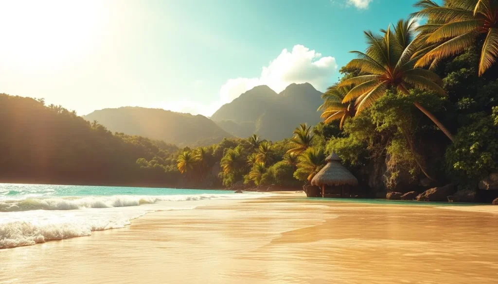 A stunning, sun-drenched tropical beach on the Caribbean island of Martinique. Pristine golden sand stretches between swaying palm trees and crystalline turquoise waters. In the foreground, gentle waves caress the shore, their rhythmic motion creating a soothing ambiance. The middle ground features lush, verdant foliage cascading down the surrounding cliffs, adding to the sense of a secluded, untouched paradise. The background showcases the majestic silhouette of nearby mountains, their peaks shrouded in wispy clouds. Warm, golden sunlight filters through the scene, casting a dreamy, enchanting glow and highlighting the vibrant, saturated colors. The overall mood is one of tranquility, beauty, and a profound connection to the natural world. A stunning, sun-drenched tropical beach on the Caribbean island of Martinique. Pristine golden sand stretches between swaying palm trees and crystalline turquoise waters. In the foreground, gentle waves caress the shore, their rhythmic motion creating a soothing ambiance. The middle ground features lush, verdant foliage cascading down the surrounding cliffs, adding to the sense of a secluded, untouched paradise. The background showcases the majestic silhouette of nearby mountains, their peaks shrouded in wispy clouds. Warm, golden sunlight filters through the scene, casting a dreamy, enchanting glow and highlighting the vibrant, saturated colors. The overall mood is one of tranquility, beauty, and a profound connection to the natural world.