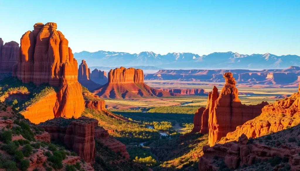 A stunning vista of St. George's iconic red rock formations, bathed in the warm glow of the sun. In the foreground, rugged cliffs and towering sandstone pinnacles rise majestically, their weathered surfaces casting dramatic shadows. The middle ground reveals a lush oasis, with verdant vegetation and a serene, meandering stream winding through the landscape. In the distance, the horizon is dominated by a range of majestic mountains, their peaks capped with a dusting of snow, creating a breathtaking contrast against the vibrant red and orange hues of the surrounding rock formations. The scene is infused with a sense of tranquility and wonder, inviting the viewer to immerse themselves in the natural beauty of this red rock paradise.