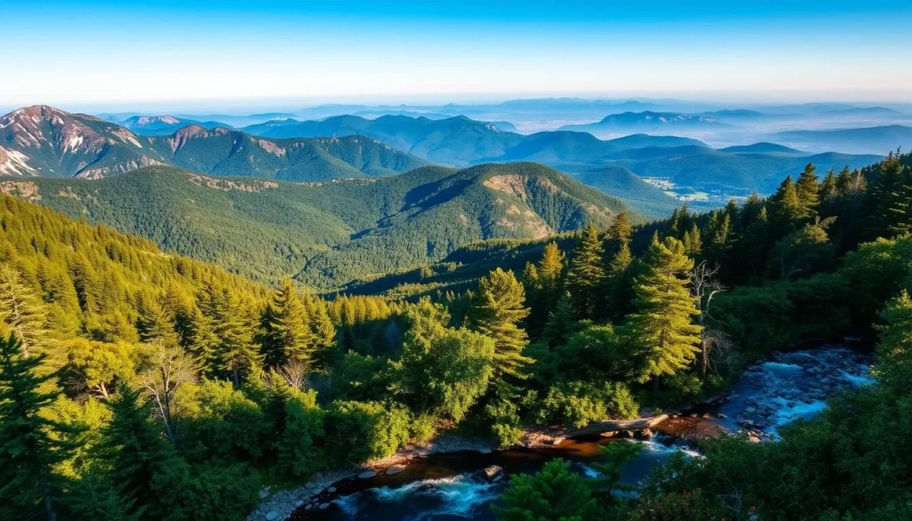 A stunning vista of West Virginia's majestic national park, bathed in warm afternoon sunlight. In the foreground, a tranquil mountain stream winds through a lush, verdant forest, its crystal-clear waters reflecting the surrounding foliage. The middle ground reveals towering, rugged peaks capped with a dusting of snow, their rugged slopes dotted with vibrant wildflowers. In the distance, a panoramic view of the Appalachian Mountains stretches out, their hazy blue silhouettes blending seamlessly with the expansive, azure sky. The scene exudes a sense of serene, unspoiled natural beauty, capturing the essence of West Virginia's unique and captivating wilderness.