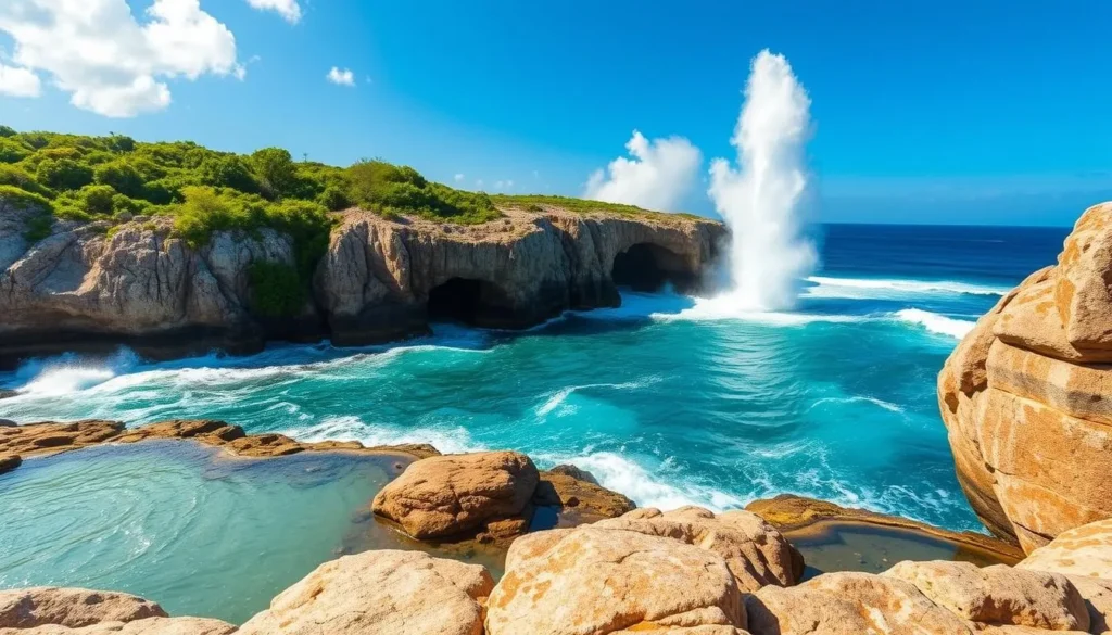 A stunning vista of the East End (Grand Cayman), Cayman Islands showcasing the mesmerizing Grand Cayman Blowholes. A bright, sunny day illuminates the rugged coastline, where powerful waves crash against the limestone cliffs, creating dramatic plumes of sea spray that shoot high into the air. In the foreground, smooth rocks and pools of tranquil turquoise water reflect the vibrant blue sky. The middle ground features lush, verdant vegetation cascading down the cliffs, complementing the natural beauty of this remarkable geological formation. The background is characterized by the distant horizon, where the endless Caribbean Sea meets the sky. This captivating scene embodies the essence of Grand Cayman's best natural wonders, perfect for nature lovers to explore and appreciate.