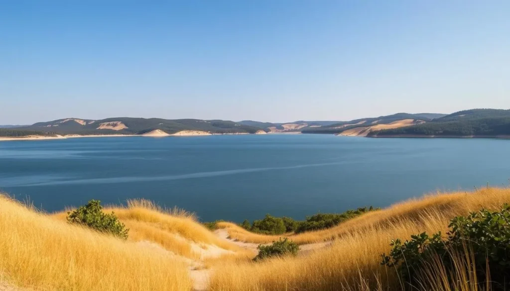A stunning vista of the Indiana Dunes, showcasing the park's natural beauty. In the foreground, golden sand dunes roll gently, dotted with lush vegetation. The middle ground features a tranquil lake, its calm waters reflecting the azure sky above. In the distance, the horizon is dominated by the majestic, tree-lined ridges of the dunes, bathed in warm, golden sunlight. The scene exudes a sense of serenity and timelessness, inviting the viewer to immerse themselves in the serene, natural wonder of this unique landscape. Capture this scene with a wide-angle lens, highlighting the expansive, picturesque vistas that make the Indiana Dunes a beloved destination for nature lovers.