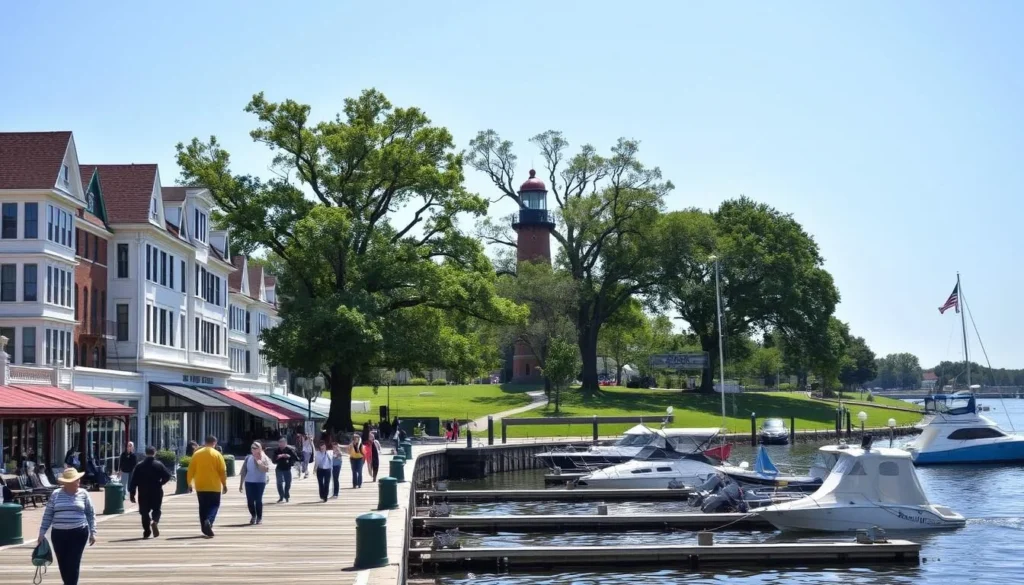 A sun-dappled Bay City waterfront, where elegant Victorian-era buildings line the banks of the Saginaw River. In the foreground, people stroll along the well-maintained boardwalk, pausing to gaze at pleasure boats and fishing vessels docked in the calm waters. The middle ground features a picturesque historic lighthouse, its beacon casting a warm glow over the scene. In the background, a lush green parkland provides a tranquil backdrop, with towering trees swaying gently in the breeze. The overall atmosphere is one of peaceful charm and small-town ambiance, inviting visitors to immerse themselves in the waterfront's timeless allure.