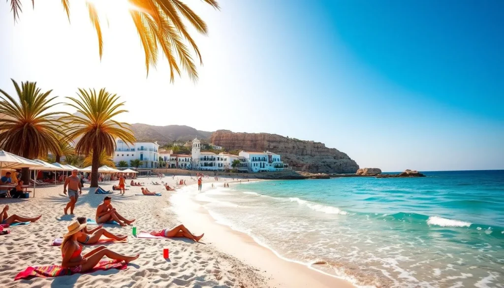 A sun-dappled Ibiza beach, with soft white sand and turquoise waters lapping at the shore. In the foreground, beachgoers lounge on colorful towels, sipping refreshing drinks and soaking in the warm Mediterranean sun. Swaying palm trees cast gentle shadows, while in the middle ground, a picturesque coastal town with whitewashed buildings and terracotta roofs nestles against a backdrop of rugged, sun-kissed cliffs. The scene is bathed in a golden, hazy light, capturing the laid-back, carefree atmosphere of this iconic Spanish island destination.