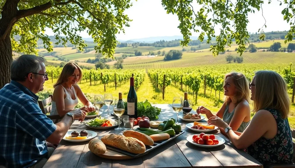 A sun-dappled Sonoma County farm, rolling vineyards in the distance. A rustic wooden table set with locally-sourced ingredients - fresh produce, artisanal breads, and a bottle of premium Sonoma wine. Diners enjoy an alfresco feast, surrounded by the verdant landscape. Soft natural light filters through the trees, casting a warm glow on the scene. The mood is relaxed and convivial, capturing the essence of Sonoma's celebrated farm-to-table dining experience.