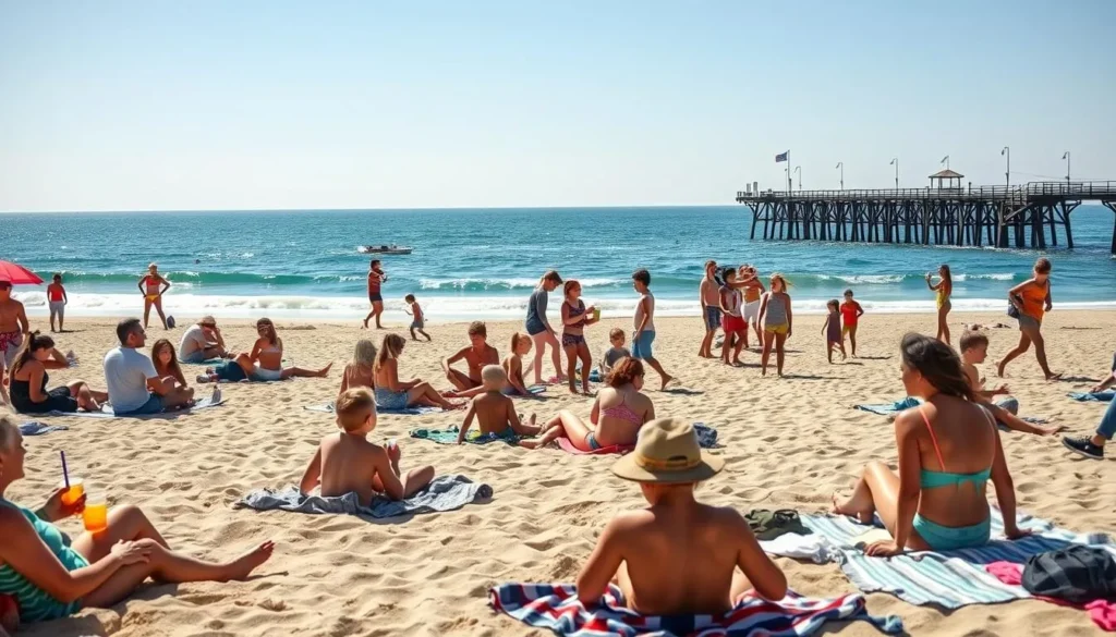 A sun-dappled beach in Malibu, California. In the foreground, people lounge on colorful beach towels, sipping cool drinks and building sandcastles. In the middle ground, a group of children play a lively game of beach volleyball, their laughter carried on the gentle breeze. In the background, the iconic Malibu Pier stretches out into the sparkling Pacific Ocean, its wooden structure silhouetted against a cloudless azure sky. The scene is bathed in warm, golden light, capturing the vibrant energy and laid-back charm of a quintessential Malibu beach day. A sun-dappled beach in Malibu, California. In the foreground, people lounge on colorful beach towels, sipping cool drinks and building sandcastles. In the middle ground, a group of children play a lively game of beach volleyball, their laughter carried on the gentle breeze. In the background, the iconic Malibu Pier stretches out into the sparkling Pacific Ocean, its wooden structure silhouetted against a cloudless azure sky. The scene is bathed in warm, golden light, capturing the vibrant energy and laid-back charm of a quintessential Malibu beach day.
