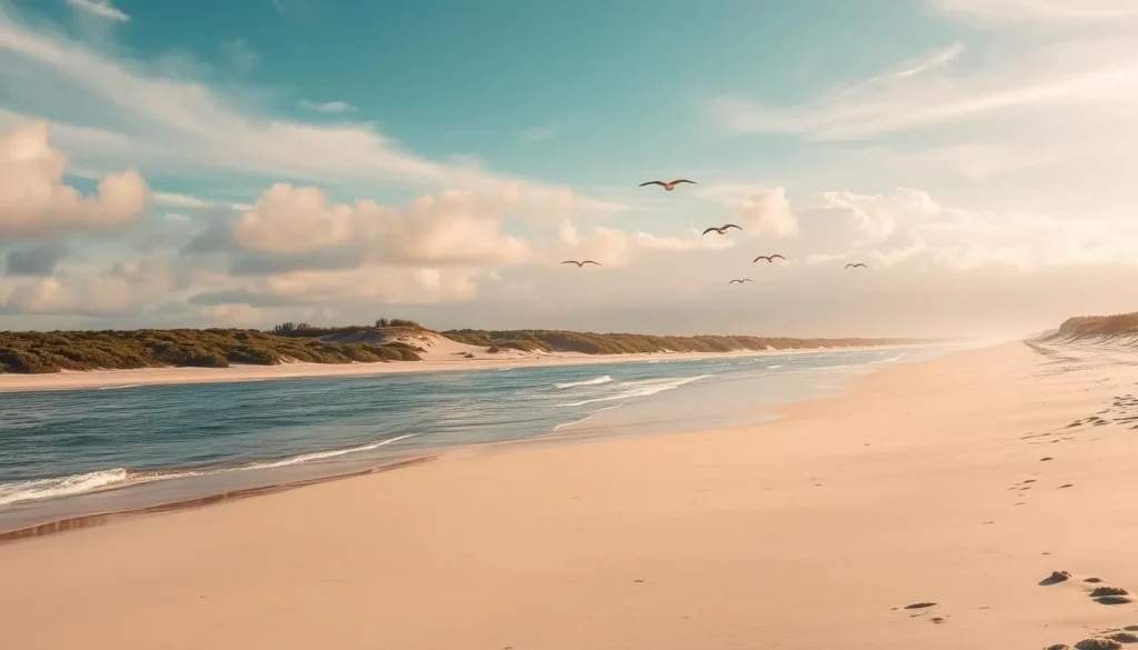 A sun-dappled beach on the serene shores of Fire Island National Seashore, New York. Soft white sand leads to gentle waves lapping at the coastline, framed by lush greenery and dunes in the distance. Seabirds soar overhead, casting playful shadows on the scene. The warm, golden light filters through wispy clouds, creating a tranquil, picturesque atmosphere. Capture the natural beauty and tranquility of this beloved coastal gem, inviting viewers to discover its unspoiled landscapes and wildlife.