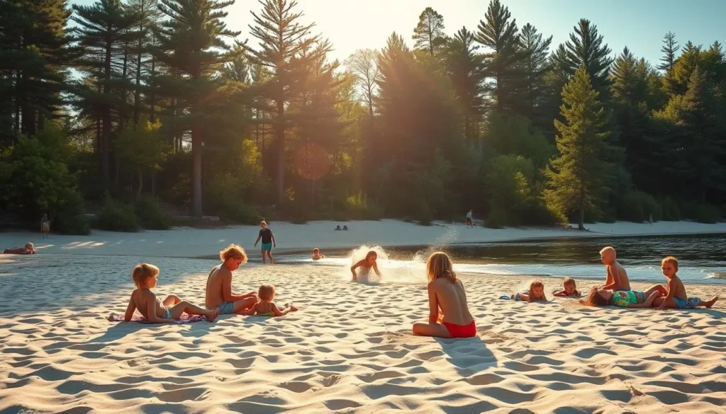 A sun-dappled beach on the shores of Big Sandy Lake, Minnesota. Families relax on soft, golden sand as children play in the crystal-clear waters, their laughter echoing across the peaceful scene. In the background, towering pines and verdant foliage frame the idyllic landscape, creating a serene and inviting atmosphere. The warm, golden light filters through the trees, casting a gentle glow over the entire setting. A classic Midwestern summertime scene, perfect for a day of family fun and relaxation.
