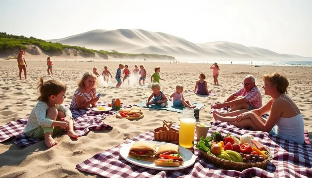 A sun-dappled beachfront at Indiana Dunes National Park, with families enjoying a picnic lunch on checkered blankets. In the foreground, a group of children play in the gently lapping waves, their laughter filling the air. The middle ground showcases a spread of delectable homemade treats - fresh sandwiches, vibrant fruit, and a thermos of lemonade. In the background, the iconic sand dunes rise, their slopes dotted with verdant foliage. A warm, hazy light filters through, creating a serene and inviting atmosphere, perfect for a leisurely afternoon spent in the heart of this natural wonder.