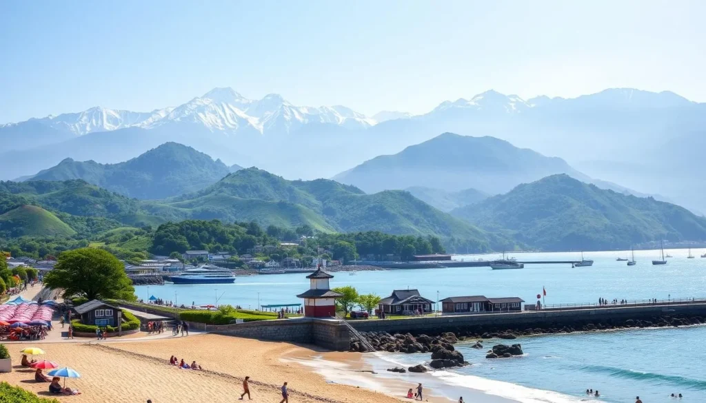 A sun-dappled coastal scene in Niigata, Japan during the vibrant summer months. In the foreground, a sandy beach dotted with colorful umbrellas and sun-seekers enjoying the warm waters of the Sea of Japan. The middle ground features a picturesque fishing village with traditional wooden houses and boats bobbing in the gentle waves. In the background, rolling green hills are crowned by the majestic snow-capped peaks of the Northern Alps, their slopes shrouded in a soft, hazy light. Crisp, clean air, lush foliage, and the soothing sound of waves create a serene, inviting atmosphere.