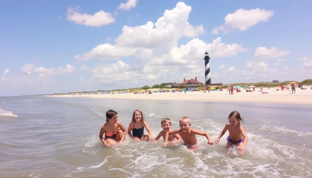 A sun-dappled coastal scene on Hatteras Island, North Carolina. In the foreground, a family of four plays in the gentle waves, their laughter and joy evident. The middle ground features a sprawling beach dotted with colorful beach umbrellas, sandcastles, and beachgoers. In the background, the iconic Hatteras Island lighthouse stands tall, its beacon guiding the way. Overhead, a clear blue sky with fluffy white clouds sets the perfect mood for a day of family-friendly activities. The image is captured with a wide-angle lens, conveying a sense of warmth, relaxation, and the quintessential coastal experience.