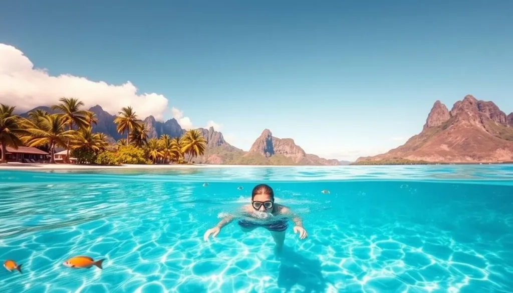 A sun-dappled, crystal-clear lagoon on the island of Bora Bora, French Polynesia. In the foreground, a swimmer gracefully glides through the turquoise waters, mask and snorkel in hand, surrounded by vibrant schools of tropical fish. The middle ground features a pristine, white-sand beach framed by lush, verdant palm trees swaying gently in the breeze. In the background, rugged, volcanic mountains rise majestically, their peaks shrouded in wispy clouds. The scene is bathed in warm, golden light, creating a tranquil, idyllic atmosphere that perfectly captures the essence of the French Polynesian paradise.