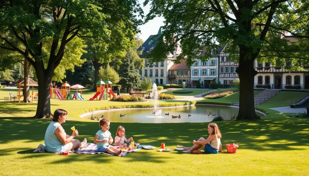 A sun-dappled family park in Colmar, France, with lush green lawns, towering trees casting gentle shadows, and a vibrant playground bustling with children's laughter. In the foreground, a family picnics on a checkered blanket, savoring local delicacies. The middle ground features a tranquil pond where ducks glide serenely, surrounded by flower-filled gardens. In the background, quaint buildings with half-timbered facades and charming window boxes overlook the scene, creating a cozy, inviting atmosphere. Warm, soft lighting bathes the entire tableau, evoking a sense of comfort and joy. The image conveys the perfect family-friendly activities in this picturesque Alsatian town.