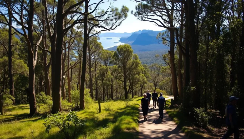 A sun-dappled forest path winds through the lush, verdant wilderness of Wilsons Promontory National Park. Towering eucalyptus trees line the trail, their branches casting gentle shadows on the well-trodden ground below. In the distance, glimpses of rugged granite peaks and sparkling azure waters can be seen, hinting at the dramatic coastal landscapes that await. The scene is suffused with a warm, golden light, creating a serene and inviting atmosphere perfect for a leisurely day trip. A group of hikers, clad in hiking gear, stroll along the path, immersed in the natural beauty that surrounds them.