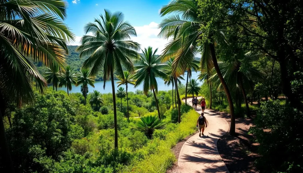 A sun-dappled forest trail winds through a lush, verdant landscape in Brownsville, Texas. Towering palm trees sway gently, their fronds casting dancing shadows on the path below. In the distance, a pristine lake shimmers, its calm waters reflecting the azure sky. Hikers and nature enthusiasts explore the winding trails, taking in the sights and sounds of the great outdoors. The scene radiates a sense of tranquility and adventure, perfectly capturing the essence of Brownsville's best outdoor destinations.