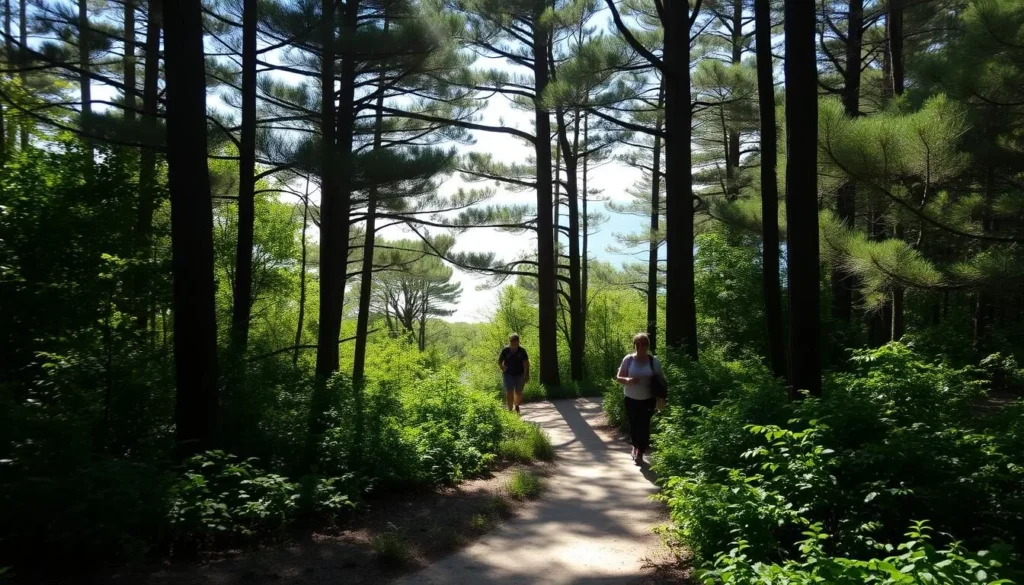 A sun-dappled forest trail winds through lush greenery on Fire Island, the serene New York barrier island. Tall pine trees frame the path, their branches casting soft shadows on the sandy ground below. In the distance, glimpses of the sparkling Atlantic Ocean peek through the foliage. Hikers and nature enthusiasts explore this peaceful oasis, their footsteps crunching on the leaf-strewn trail. The scene radiates a sense of tranquility, inviting visitors to immerse themselves in the island's pristine natural beauty.