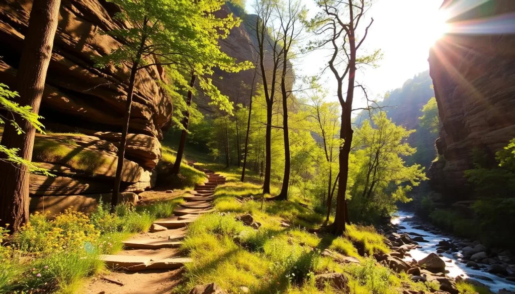 A sun-dappled forest trail winds through the lush, verdant landscape of Red River Gorge. Towering sandstone cliffs rise majestically on either side, casting dramatic shadows across the path. Underfoot, the trail is dotted with colorful wildflowers and smooth river rocks, inviting hikers to explore this scenic natural wonder. Warm, golden light filters through the canopy of towering trees, creating a serene and peaceful atmosphere. In the distance, the gentle murmur of a nearby stream can be heard, adding to the tranquil ambiance. This captivating scene perfectly encapsulates the essence of the Red River Gorge, a must-visit destination for outdoor enthusiasts seeking a breathtaking and rejuvenating experience.