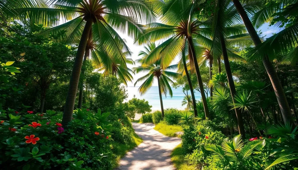 A sun-dappled forest trail winds through verdant foliage, leading towards a tranquil, sandy beach. Towering palm trees sway gently in the breeze, casting soft shadows on the path. Vibrant tropical flowers dot the lush underbrush, creating a colorful, serene atmosphere. In the distance, the calm, turquoise waters of Peanut Island glisten under the warm, golden light. The scene is captured with a wide-angle lens, showcasing the natural beauty and inviting charm of this idyllic island retreat.