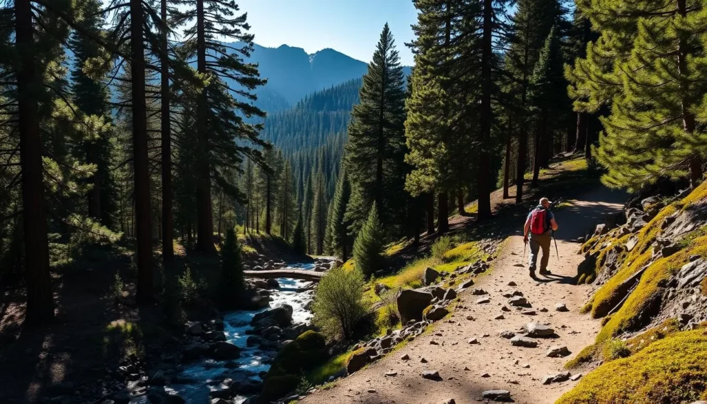 A sun-dappled hiking trail winds through a lush, verdant forest in the majestic Sierra Nevada mountains. Towering pine and fir trees line the path, casting soft, filtered light across the packed earth and moss-covered rocks. In the distance, a babbling brook crosses the trail, its crystal-clear waters glistening in the warm, golden light. Hikers, clad in hiking boots and outdoor gear, traverse the gently undulating terrain, taking in the breathtaking vistas of rugged peaks and dense, evergreen foliage. The scene exudes a sense of tranquility and adventure, perfectly capturing the essence of an exceptional hiking experience in the stunning natural beauty of South Lake Tahoe. A sun-dappled hiking trail winds through a lush, verdant forest in the majestic Sierra Nevada mountains. Towering pine and fir trees line the path, casting soft, filtered light across the packed earth and moss-covered rocks. In the distance, a babbling brook crosses the trail, its crystal-clear waters glistening in the warm, golden light. Hikers, clad in hiking boots and outdoor gear, traverse the gently undulating terrain, taking in the breathtaking vistas of rugged peaks and dense, evergreen foliage. The scene exudes a sense of tranquility and adventure, perfectly capturing the essence of an exceptional hiking experience in the stunning natural beauty of South Lake Tahoe.