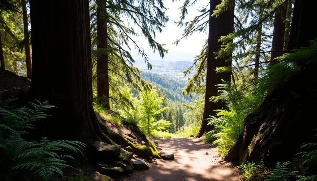 A sun-dappled hillside trail winds through a verdant forest, flanked by towering redwood trees. The path meanders gently, inviting hikers to explore the serene landscape. Lush ferns and mossy rocks line the trail, creating a picturesque scene. Soft natural light filters through the canopy, casting a warm glow over the scene. In the distance, a glimpse of rolling hills emerges, hinting at the expansive beauty of the Muir Woods. This tranquil setting offers a peaceful respite for those seeking to immerse themselves in the wonder of the California wilderness.