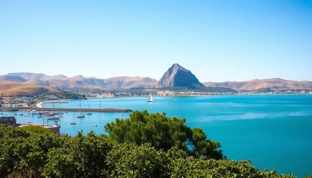 A sun-dappled landscape along the central California coast, where rolling hills meet the turquoise waters of Morro Bay. In the foreground, a picturesque harbor bustles with sailboats and kayaks, their reflections shimmering on the calm surface. The iconic Morro Rock, a dramatic volcanic formation, rises majestically in the distance, framed by a clear azure sky. Lush, verdant foliage lines the shores, inviting visitors to explore the area's natural wonders. The scene exudes a sense of tranquility and adventure, perfectly capturing the essence of the "Best Day Trips from Morro Bay".