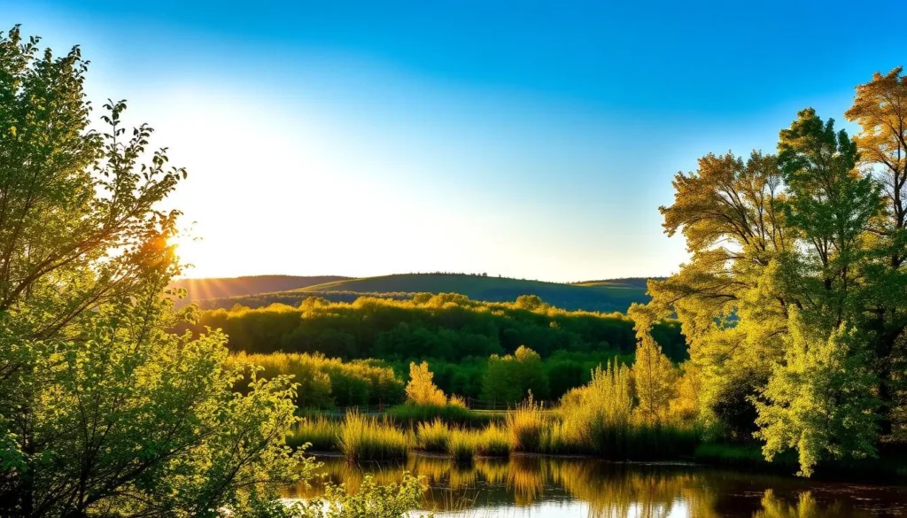 A sun-dappled landscape in Lansing, Michigan during the daylight hours. Vibrant green foliage and lush, rolling hills in the middle ground, with a clear blue sky overhead. Warm, golden sunlight filters through the trees, casting soft shadows across the scene. In the foreground, a tranquil pond reflects the surrounding natural beauty. The atmosphere is serene and peaceful, capturing the essence of a perfect day in this Midwestern city.