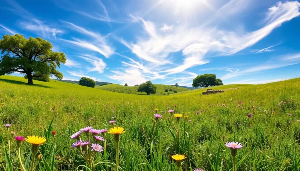 A sun-dappled meadow in Temecula, California, during the spring months. Vibrant wildflowers in shades of purple, yellow, and pink dot the lush green grass, swaying gently in a light breeze. In the middle ground, rolling hills covered in verdant foliage provide a scenic backdrop, with a few stately oak trees casting soft shadows. The sky is a brilliant azure, with wispy, ethereal clouds drifting overhead, illuminated by warm, golden sunlight. The overall scene conveys a sense of tranquility, beauty, and the rejuvenating spirit of the spring season in this picturesque region.