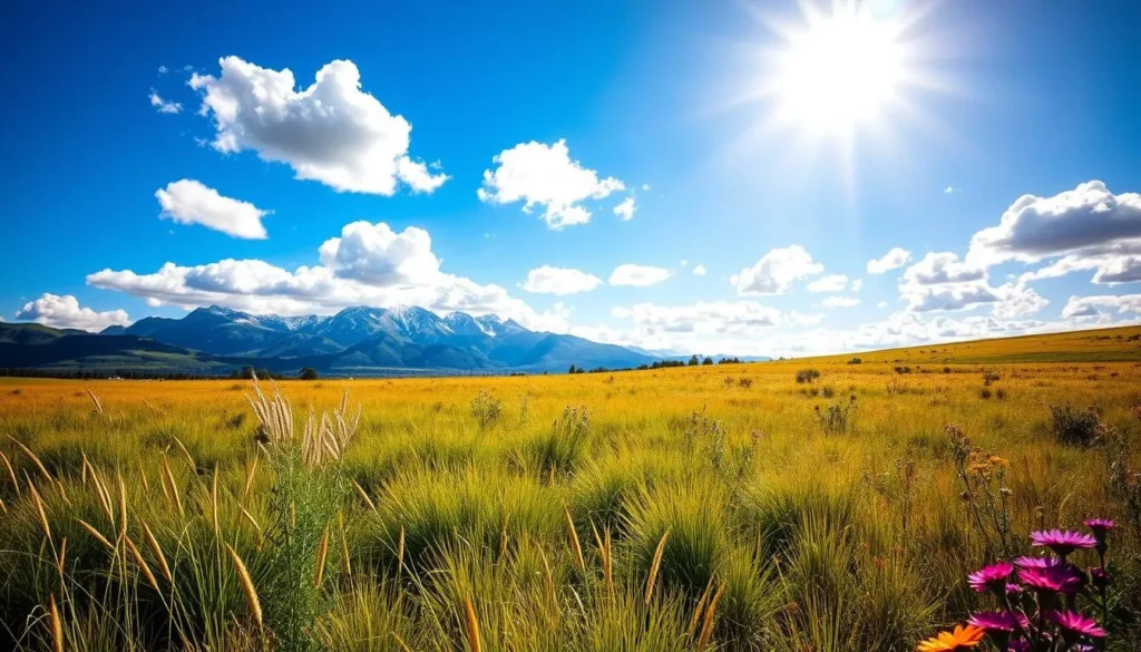 A sun-dappled meadow in the heart of Patagonia, Argentina, on a glorious summer day. Lush, verdant grasses sway gently in a light breeze, framed by the majestic Andes mountains rising in the distance. Fluffy cumulus clouds drift across a brilliant azure sky, casting soft shadows on the landscape below. In the foreground, wildflowers in vibrant hues dot the scene, adding pops of color. The warm, golden light bathes the entire vista, creating a serene and inviting atmosphere. Capture the essence of Patagonia's temperate, picturesque summers in this stunning landscape.