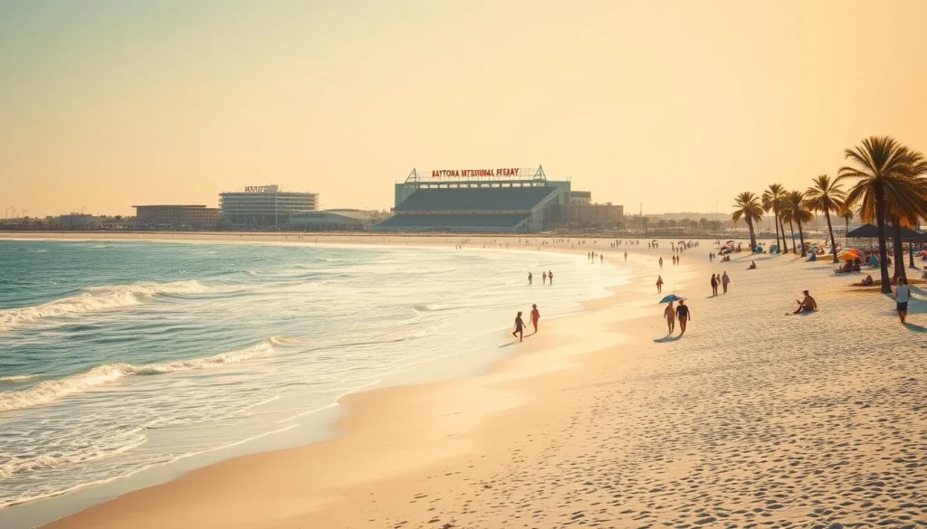 A sun-dappled morning at Daytona Beach, Florida. White sand beaches stretch out, lapped by the turquoise waves of the Atlantic. In the distance, the iconic Daytona International Speedway rises, its grand stands casting long shadows. Beachgoers stroll along the shore, enjoying the gentle breeze and the sound of crashing surf. Vibrant umbrellas dot the sand, providing pops of color against the serene scene. Palm trees sway overhead, their fronds rustling softly. The warm, golden light bathes the entire landscape, creating a tranquil, inviting atmosphere perfect for a day of sun, sand, and relaxation.