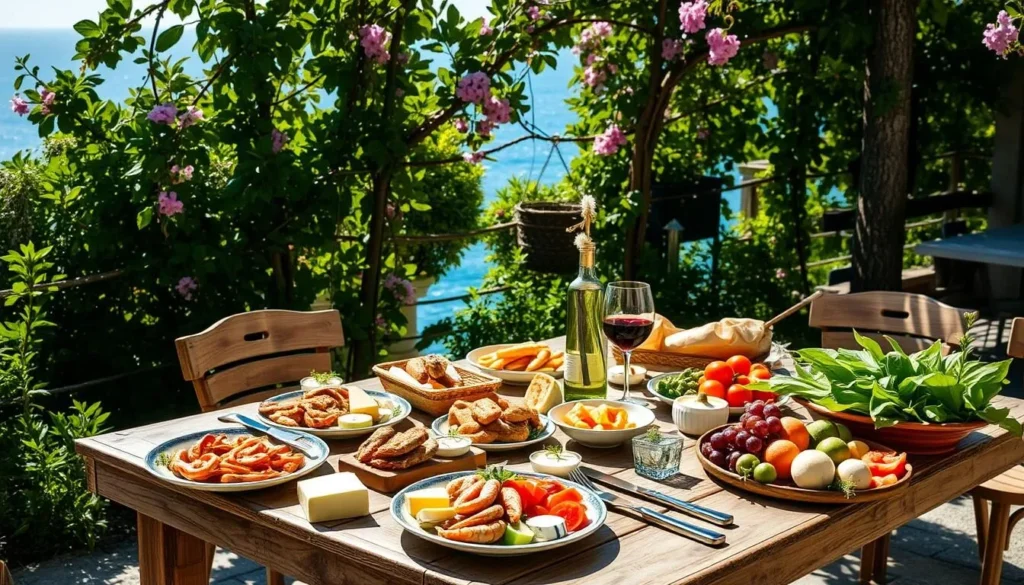 A sun-dappled outdoor dining scene on the island of Kefalonia, Greece. In the foreground, a rustic wooden table is laden with traditional Kefalonian dishes - fresh seafood, local cheeses, and platters of colorful seasonal produce. Surrounding the table, lush greenery and flowering vines create a lush, verdant backdrop. Soft, warm lighting filters through the foliage, casting a gentle glow over the scene. In the distance, a glimpse of the sparkling azure Ionian Sea. The atmosphere is one of relaxed, convivial Mediterranean hospitality, perfectly capturing the essence of Kefalonia's renowned food and wine culture. A sun-dappled outdoor dining scene on the island of Kefalonia, Greece. In the foreground, a rustic wooden table is laden with traditional Kefalonian dishes - fresh seafood, local cheeses, and platters of colorful seasonal produce. Surrounding the table, lush greenery and flowering vines create a lush, verdant backdrop. Soft, warm lighting filters through the foliage, casting a gentle glow over the scene. In the distance, a glimpse of the sparkling azure Ionian Sea. The atmosphere is one of relaxed, convivial Mediterranean hospitality, perfectly capturing the essence of Kefalonia's renowned food and wine culture.