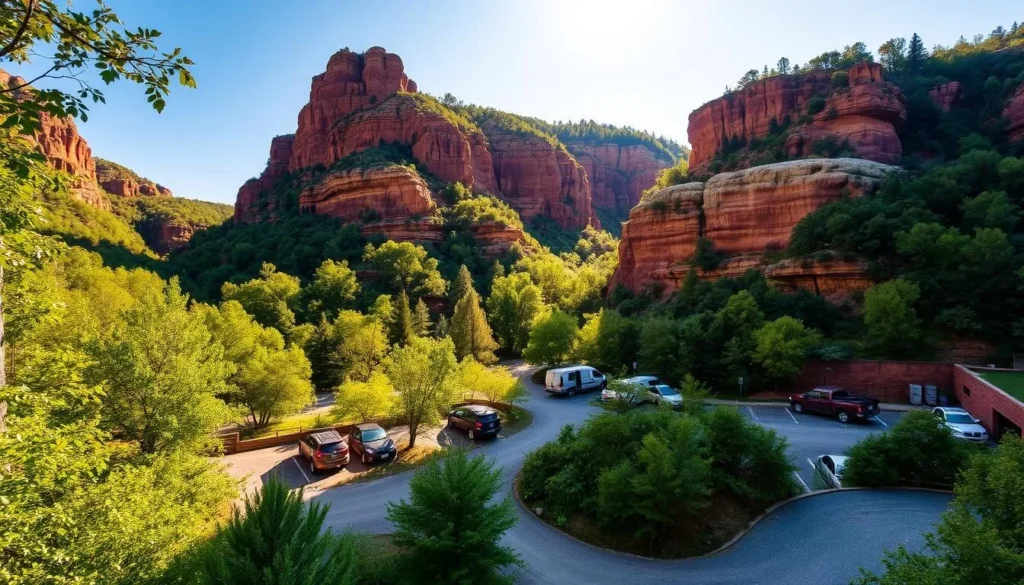 A sun-dappled parking area nestled in the verdant hillsides of Red River Gorge, Kentucky. Gravel paths wind through lush foliage, leading visitors towards the trailheads and scenic overlooks beyond. Towering sandstone cliffs frame the scene, their russet hues glowing in the warm afternoon light. Parked cars dot the lot, hinting at the adventure-seekers exploring this natural wonder. A sense of tranquility and anticipation permeates the air, inviting the viewer to venture forth and discover the hidden gems of this iconic Kentucky landscape.