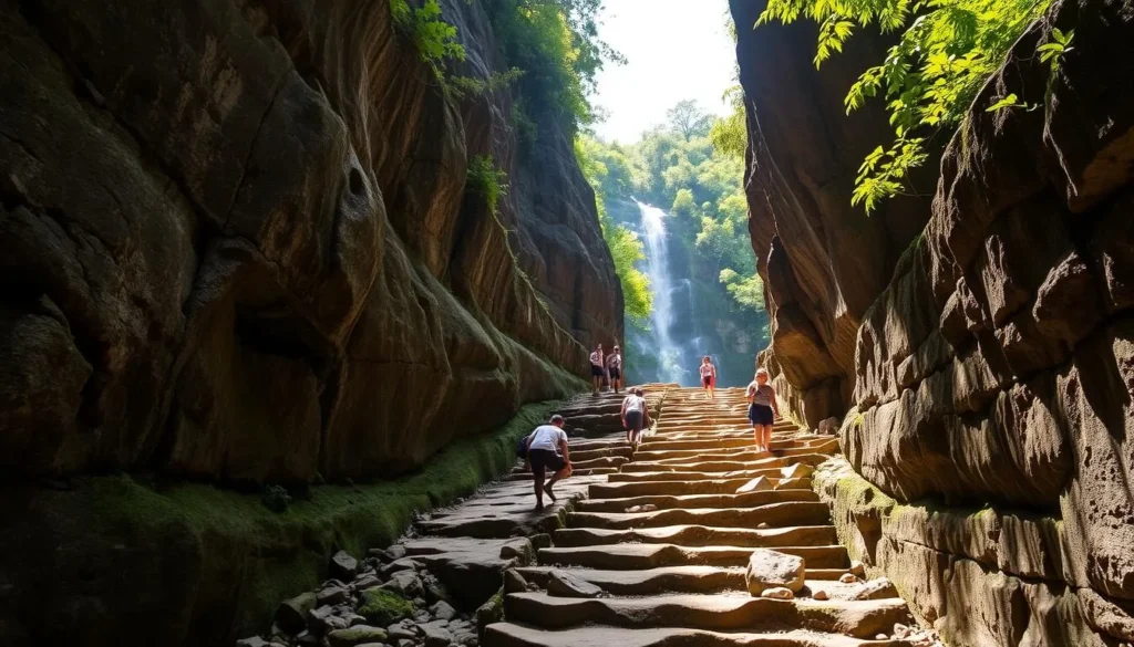 A sun-dappled rocky path winds through a lush, verdant forest, leading to the iconic Dunn's River Falls in Jamaica. Towering limestone cliffs frame the scene, their craggy surfaces carved by centuries of cascading water. The riverbed is temporarily dry, inviting adventurous visitors to carefully climb up the tiered, mossy steps, their hands grasping the natural handholds. Dappled light filters through the canopy, casting a warm, golden glow over the weathered, earthy tones of the rock formations. The atmosphere is serene and tranquil, conveying the sense of a hidden, off-the-beaten-path experience.