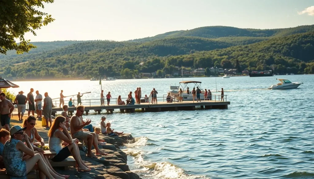 A sun-dappled scene in Alpena, Michigan, where locals and visitors alike bask in the glory of summer. In the foreground, families enjoy a lakeside picnic, their laughter mingling with the gentle lapping of waves. The middle ground reveals a bustling pier, with anglers casting their lines and boaters gliding across the tranquil waters. In the distance, rolling hills are swathed in a verdant tapestry, their peaks kissed by the warm glow of the afternoon sun. The atmosphere is one of carefree relaxation, where the worries of the world fade away, and the simple pleasures of the season take center stage. A 50mm lens captures the scene, its shallow depth of field highlighting the focus on the present moment.