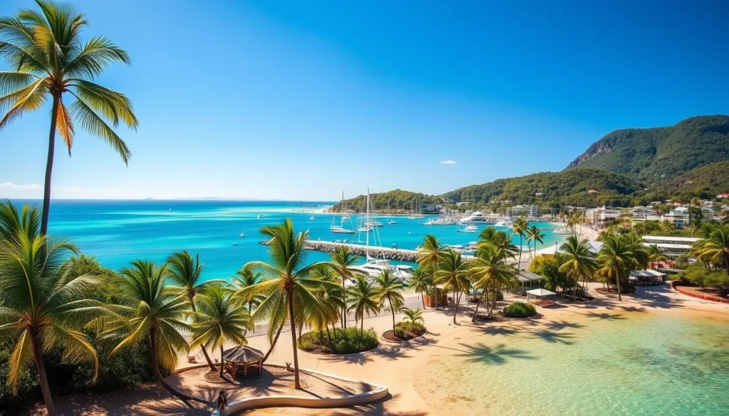 A sun-dappled scene of Airlie Beach, Queensland, the gateway to the stunning Whitsunday Islands. In the foreground, crystal-clear turquoise waters caress the golden sandy beaches, dotted with palm trees swaying gently in the warm coastal breeze. In the middle ground, the picturesque harbor is bustling with sailboats and yachts, their masts reaching skyward. Beyond, the lush, verdant hills rise up, framing the idyllic coastal town. The scene is bathed in soft, natural light, creating a serene and inviting atmosphere that beckons the viewer to explore this picturesque Australian paradise.