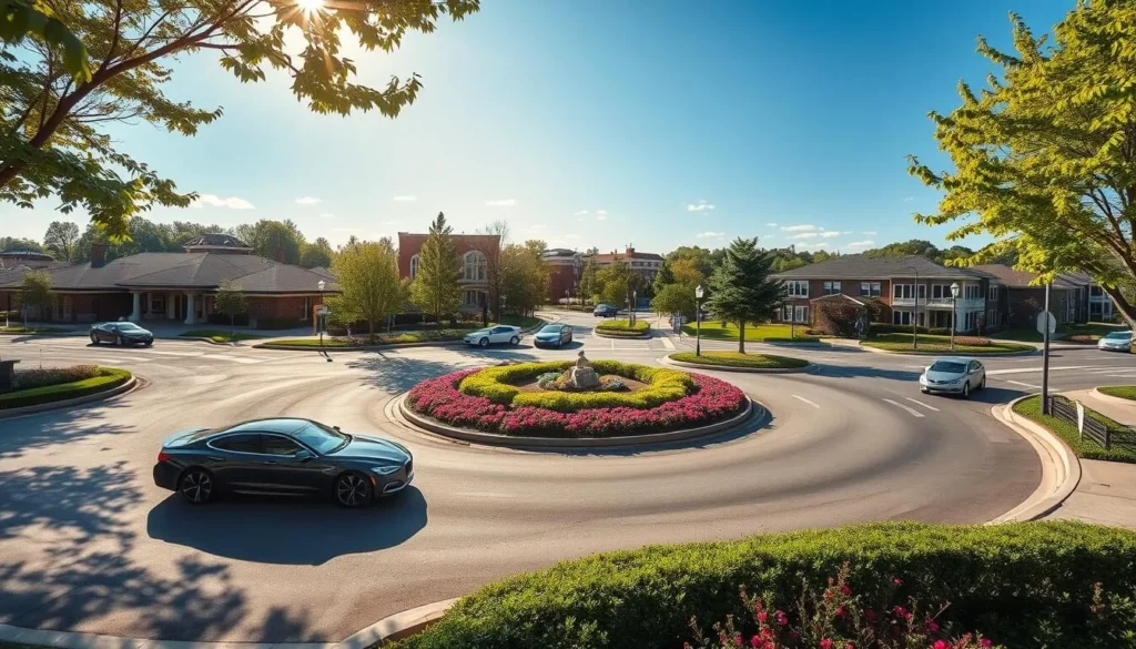 A sun-dappled scene of Carmel's iconic roundabouts, showcasing their elegant, circular designs. Capture the smooth flow of traffic navigating these intersections, with sleek, modern cars passing through. Depict the lush, manicured landscaping surrounding the roundabouts, featuring vibrant greenery, blooming flowers, and neatly trimmed hedges. Render the scene with a warm, inviting ambiance, utilizing natural lighting and a slightly elevated camera angle to convey the sense of a well-designed, pedestrian-friendly transportation hub. Ensure the image reflects the tranquil, efficient nature of getting around Carmel, Indiana.