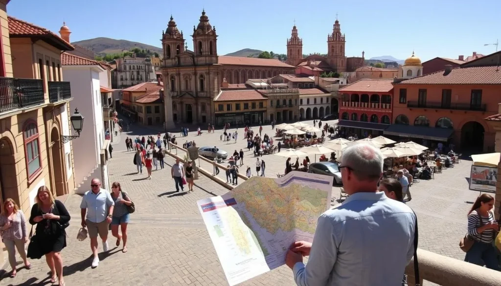 A sun-dappled scene of Córdoba's historic city center, cobblestone streets winding past terracotta-roofed buildings and ornate colonial architecture. In the foreground, a group of locals and tourists stroll leisurely, pausing to consult a detailed map, planning their Córdoba itinerary. The middle ground features lively plazas and bustling cafes, people sipping mate and savoring empanadas. In the background, the iconic bell towers of the Jesuit Cathedral and the Cabildo rise majestically, framed by a clear azure sky. The warm, vibrant atmosphere evokes the rich cultural heritage and inviting ambiance of this Argentinian gem.
