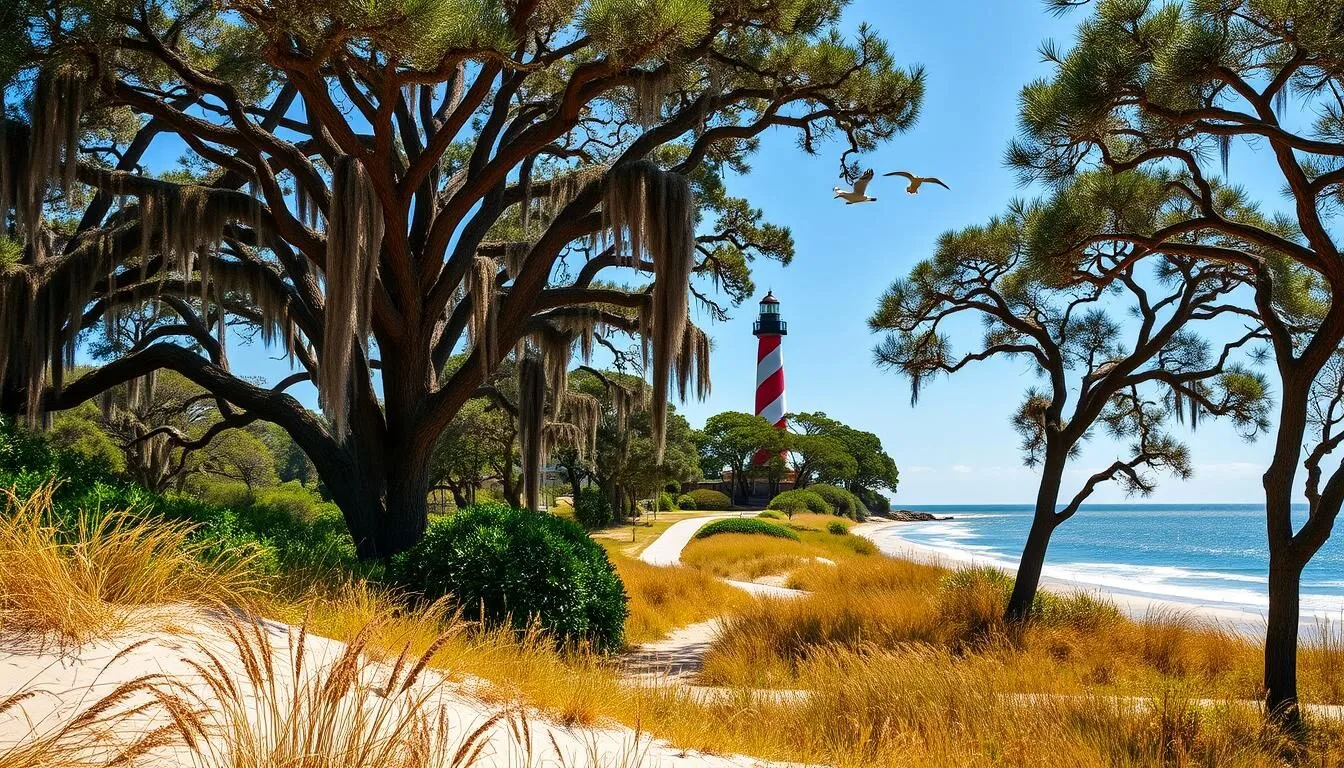 A sun-dappled scene of St. Simons Island, Georgia, where pristine beaches meet lush maritime forests. In the foreground, golden sand dunes dotted with swaying sea oats lead to a gently lapping ocean in shades of turquoise and sapphire. Midground, imposing live oak trees draped in wispy Spanish moss cast soothing shadows across a winding, tree-lined path. In the distance, the iconic St. Simons Island Lighthouse stands tall, its red-and-white striped facade glowing in the warm, coastal light. Seagulls soar overhead, completing the tranquil, idyllic atmosphere of this beloved Georgia island.